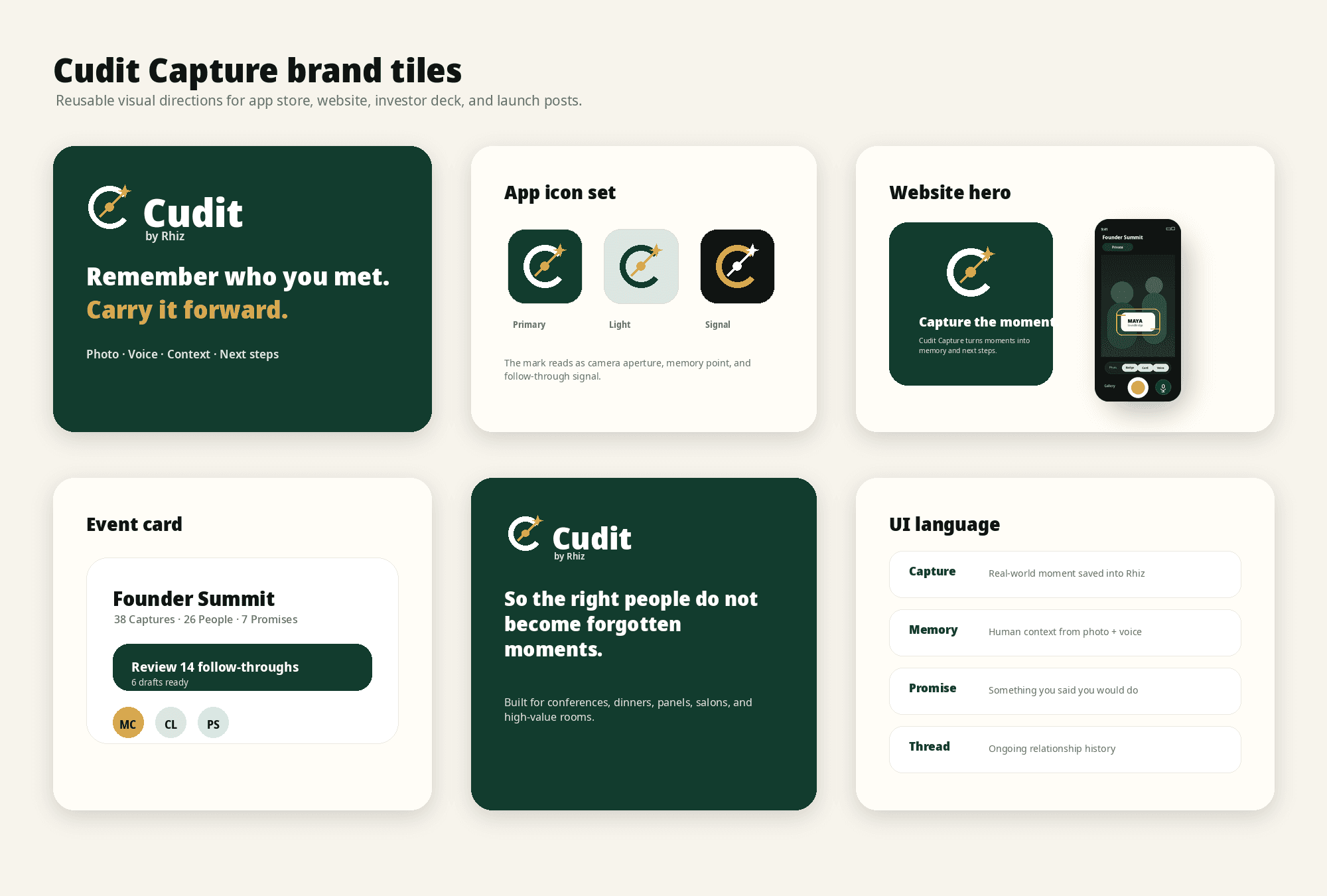 Cudit brand tiles showing product cards, app icon set, event card, and UI language