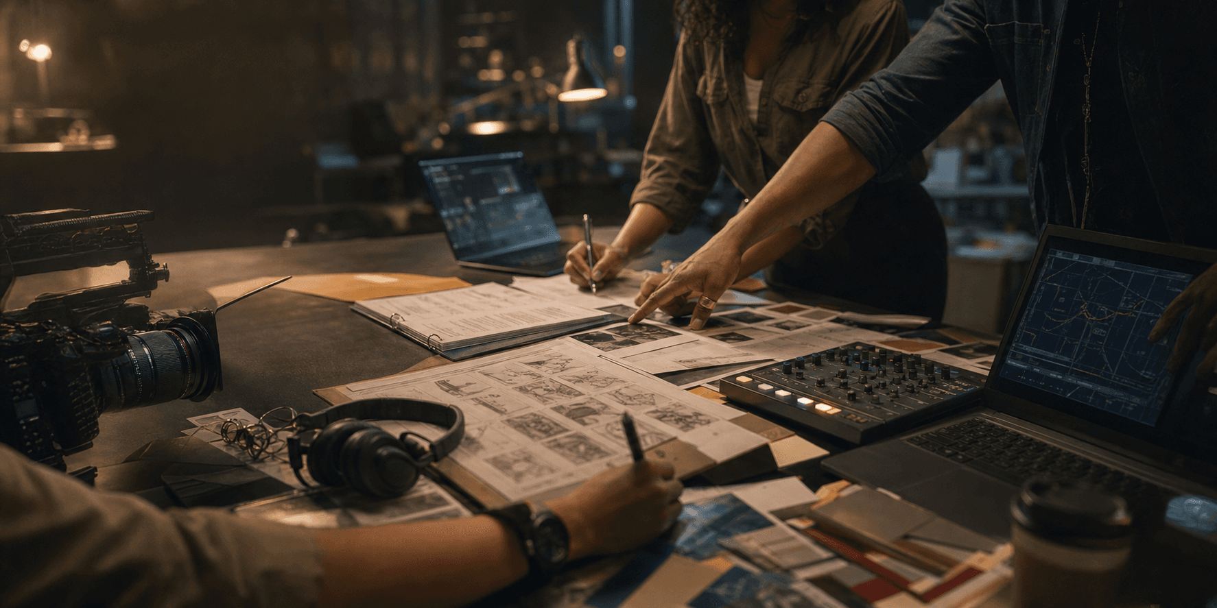 Creative production table with cameras, notes, sound gear, and collaborative production materials.