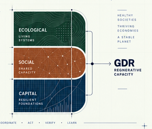 Ecological living systems, social shared capacity, and capital resilient foundations converging into one account of regenerative capacity.
